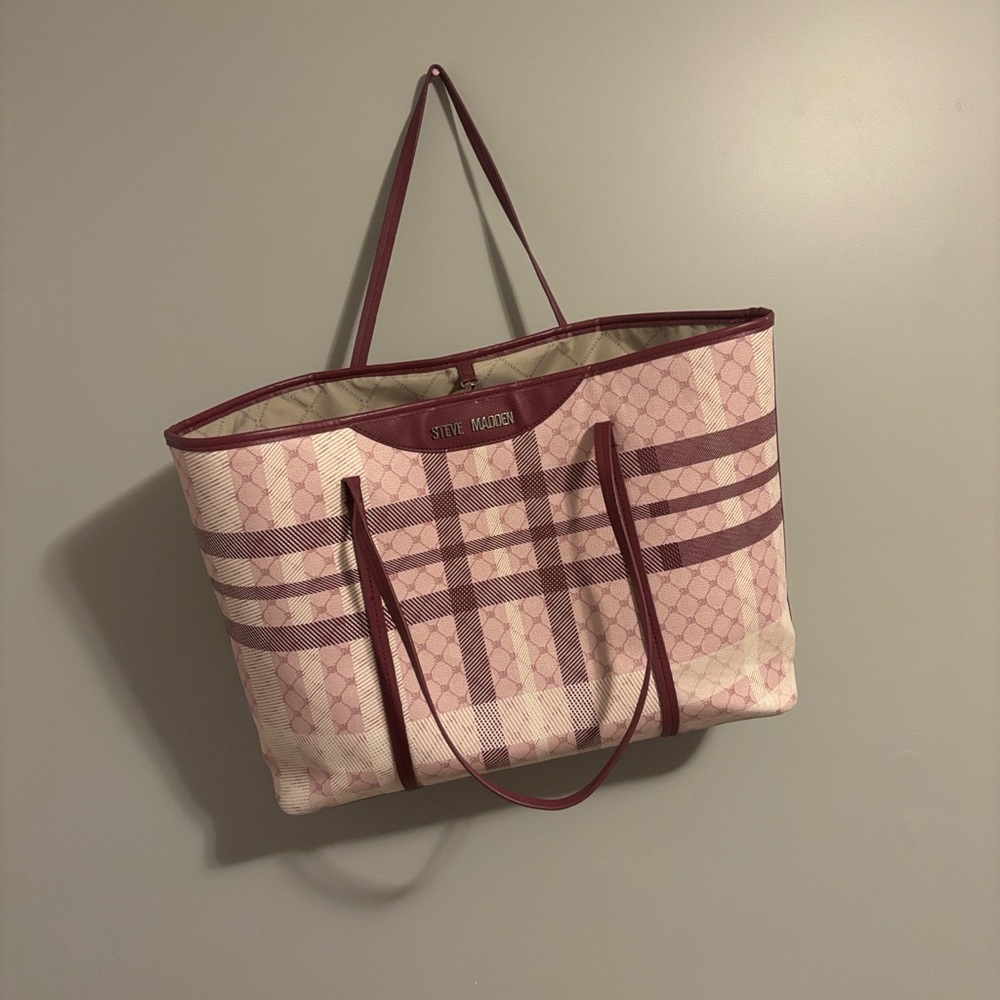Steve Madden Rose Plaid Tote with Burgundy Trim